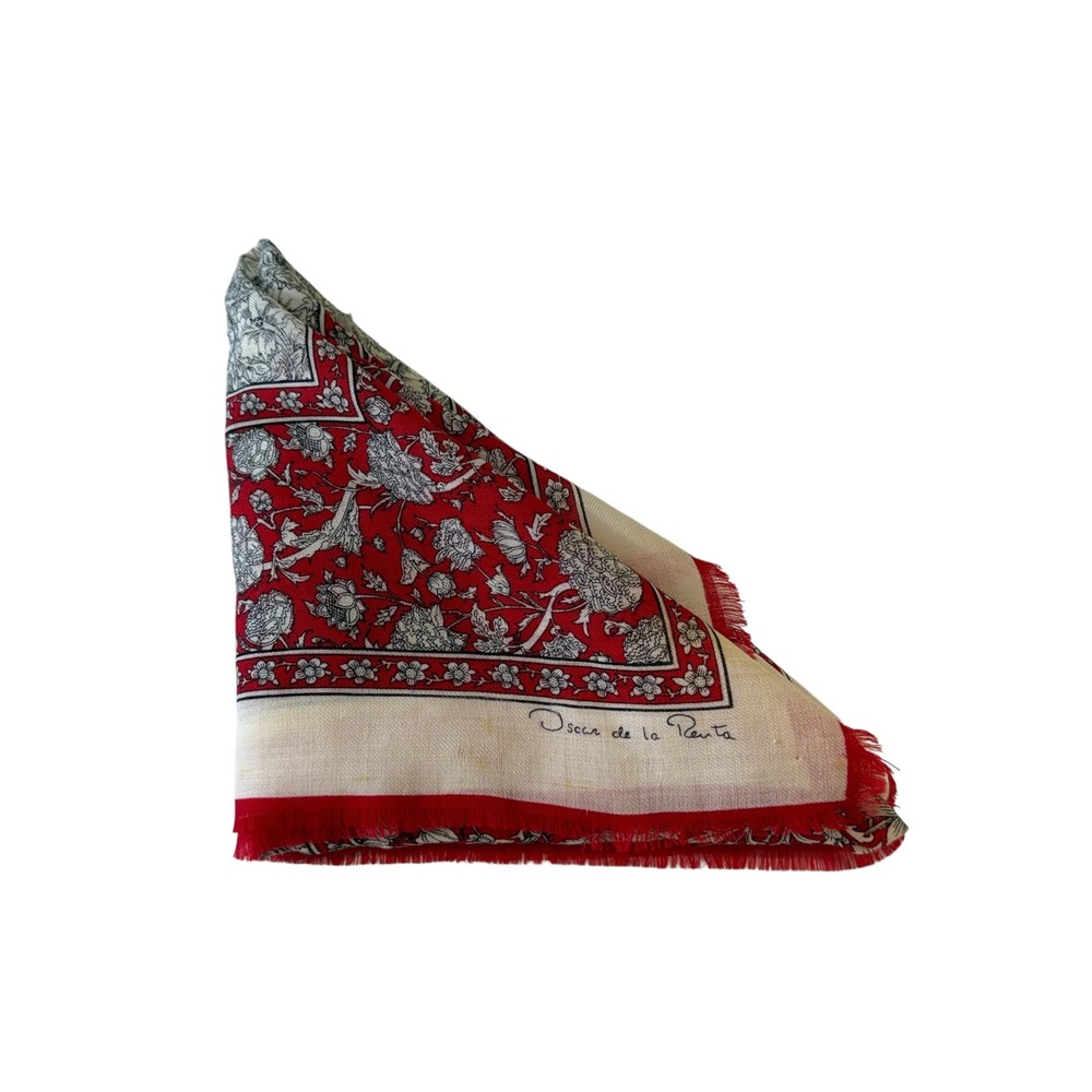Oscar de la Renta Red Floral Vintage 100% Wool Square Scarf made in Japan